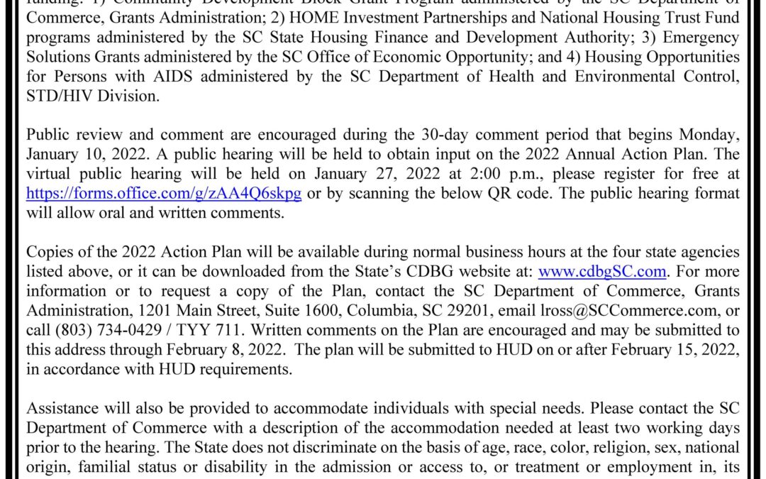 Draft 2022 Action Plan & Draft 2022 CDBG Program Description Available for Public Input